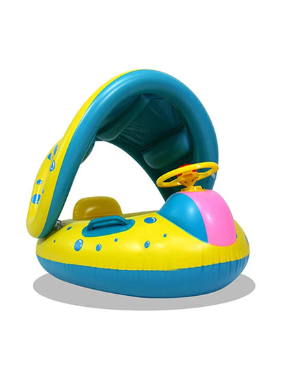 Yellow Baby Pool Float Seat with Sunshade and Steering Wheel, Inflatable Seated Swim Ring for Closely Supervised Summer Pool Play