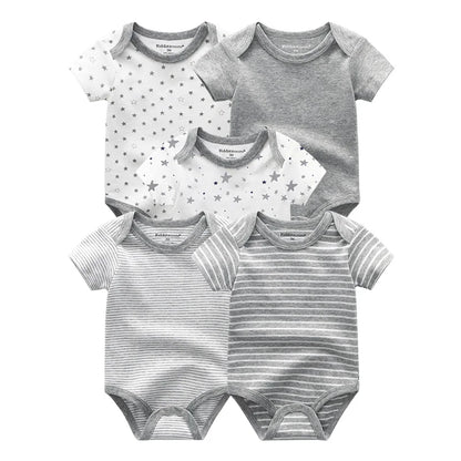 Infant Cotton Bodysuits 5-Pack with Short Sleeves and Envelope Shoulders, Solid Colors and Playful Prints for Baby Boys and Girls, Sizes 3M-12M