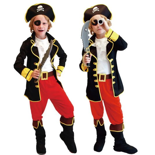 Kids Pirate Captain Costume Set with Hat, Eyepatch and Belt, Polyester Dress-Up Outfit for Halloween, Birthday Parties and Pretend Play