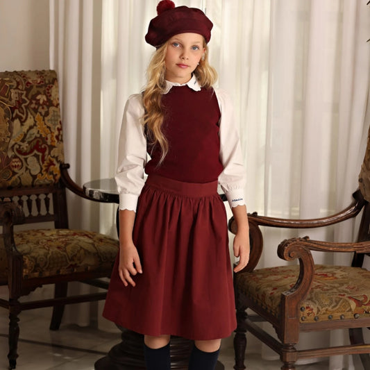 Burgundy Kids Coordinating Outfits with Girls Knit Vest, Skirt and Strap Dress Options, Boys Shirts and Baby Sweaters for Holiday Family Photos