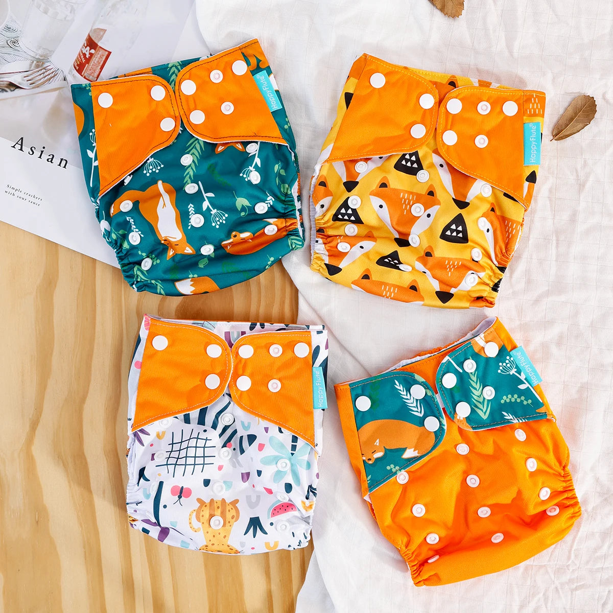 Reusable Cloth Diapers, Happyflute 4-Pack One-Size Pocket Baby Nappies with Adjustable Snap Closures, Washable Covers, Inserts Sold Separately