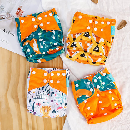 Reusable Cloth Diapers, Happyflute 4-Pack One-Size Pocket Baby Nappies with Adjustable Snap Closures, Washable Covers, Inserts Sold Separately