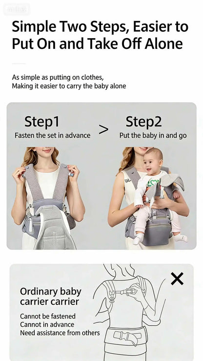 Front and Back Baby Carrier with Hip Seat, Adjustable Buckle Straps and Wide Waist Belt, Gray or Dark Blue Babywearing for Family Outings