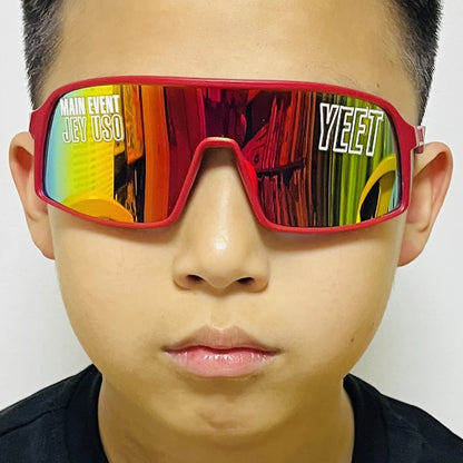 YEET Graphic Sunglasses with Jey Uso Main Event Lettering, Colorful Shield-Style Fan Shades in Children's and Adult Options for Party Outfits