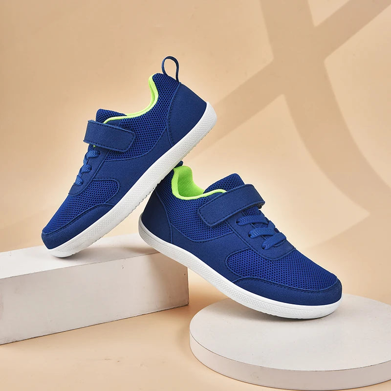 Kids Breathable Mesh Walking Shoes with Wide Toe Design, Hook-and-Loop Strap and Textured EVA Soles in Blue, Black, Pink or Grey