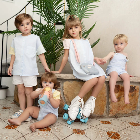 Pinstripe Kids Clothing with Pastel Colorblock Sleeves, Coordinating Shirts, Dresses, Baby Rompers, Overalls and Jumper Styles for Sibling Photos