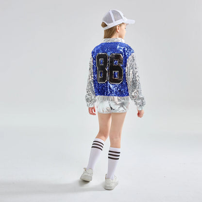 Girls Sequin Hip Hop Dance Costume Set with Metallic Trim Jacket, Crop Top, Shorts and Striped Socks for Jazz Recitals and Stage Performances