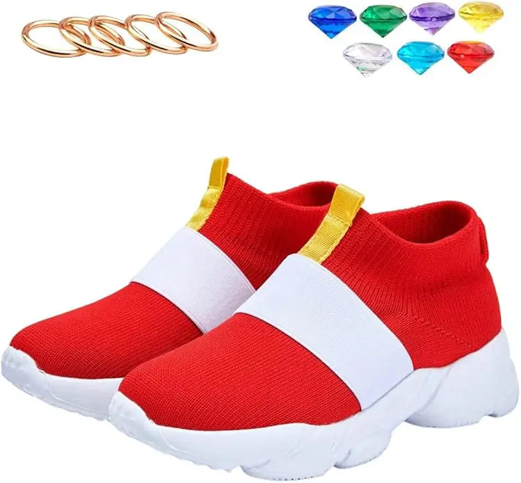 Sonic-Inspired Red Slip-On Shoes with White Band Detail and White Soles, Game-Themed Casual Footwear with Ring and Gem Options for Kids