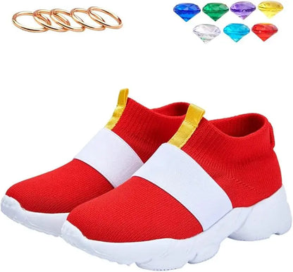 Sonic-Inspired Red Slip-On Shoes with White Band Detail and White Soles, Game-Themed Casual Footwear with Ring and Gem Options for Kids