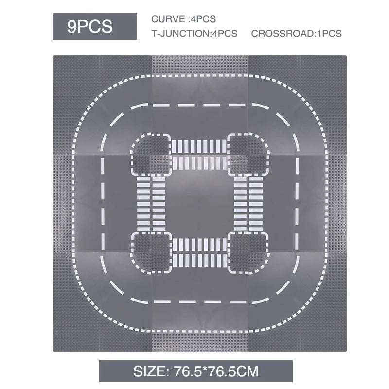 City Road Building Block Base Plates, 25.5 x 25.5 cm Single-Sided Street Panels for Brick Town Layouts, Traffic Scenes and Creative Construction Play