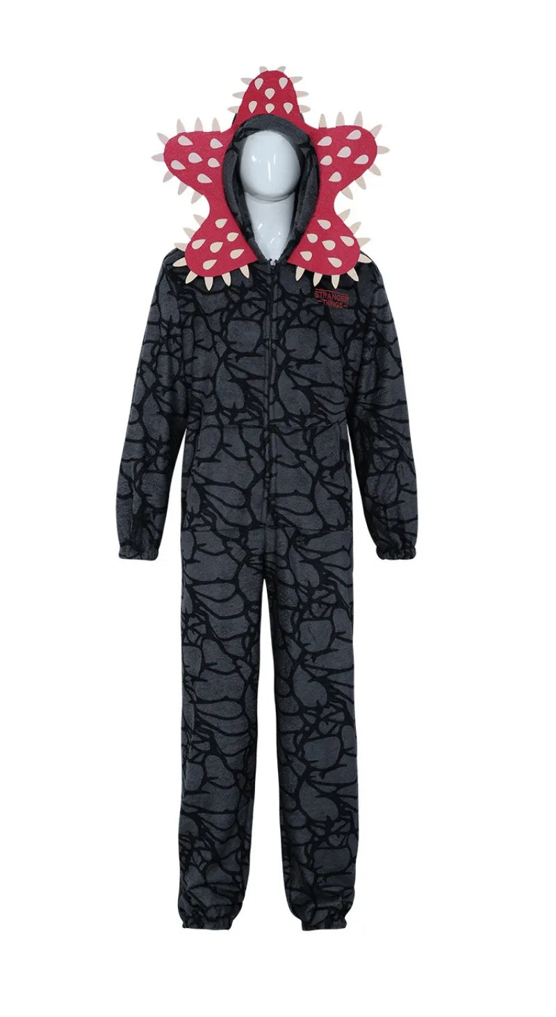 Demogorgon Costume for Kids and Adults, Black Flannel Monster Hooded Jumpsuit with Flower Face Design for Halloween Parties and Cosplay
