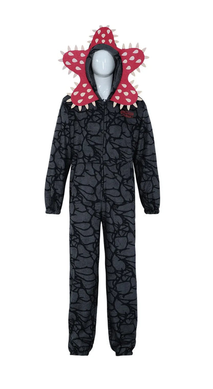 Demogorgon Costume for Kids and Adults, Black Flannel Monster Hooded Jumpsuit with Flower Face Design for Halloween Parties and Cosplay