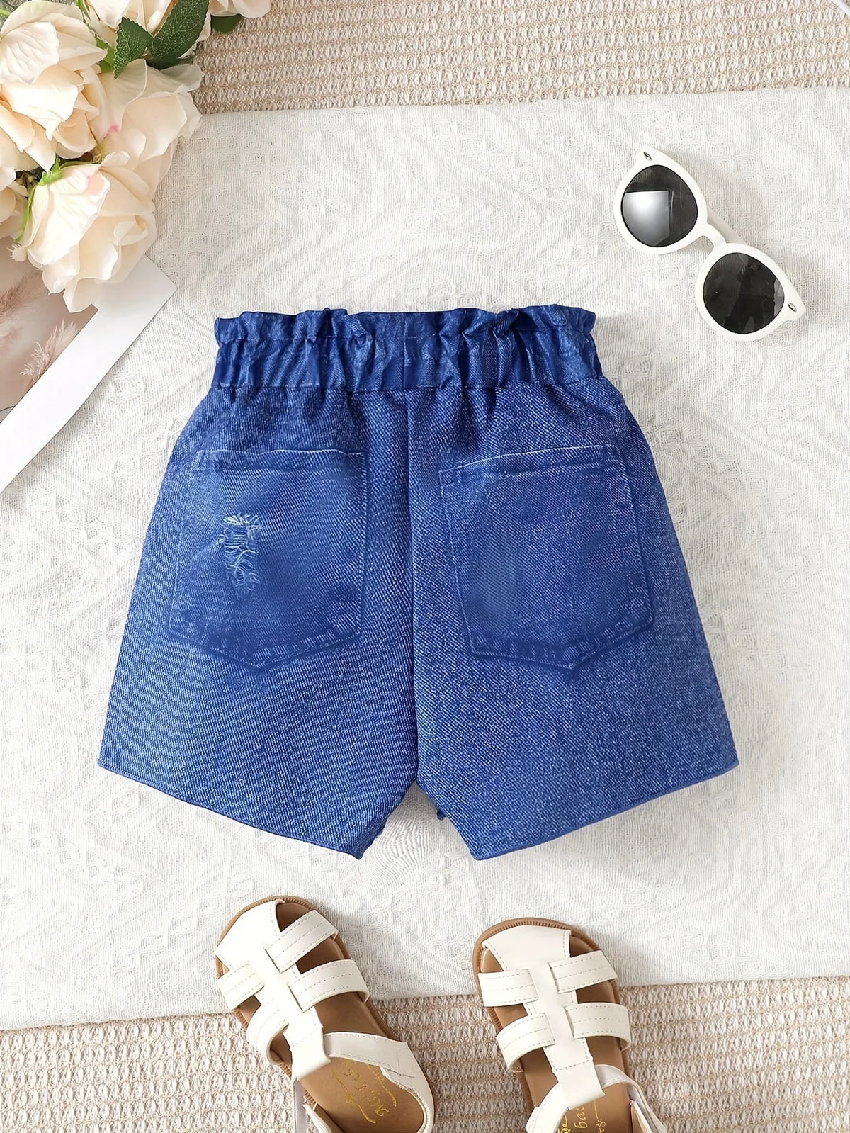 Girls Tank Top and Shorts Set with Love You Graphic, Front Tie Sleeveless Top and Blue Distressed Look Bow Waist Shorts for Summer Casual Outfits