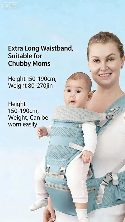 Front and Back Baby Carrier with Hip Seat, Adjustable Buckle Straps and Wide Waist Belt, Gray or Dark Blue Babywearing for Family Outings