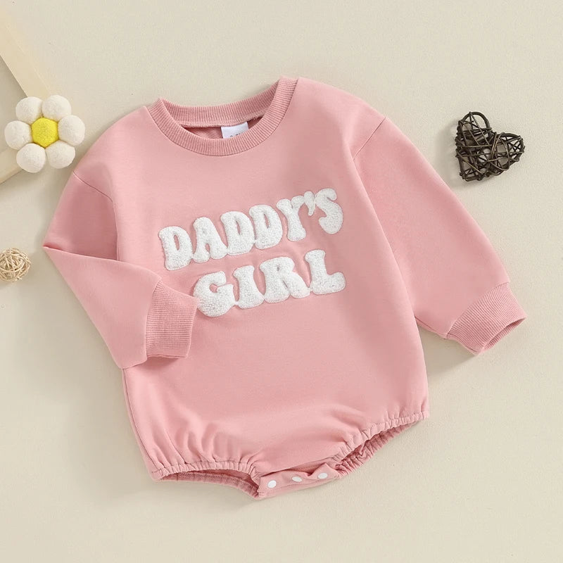 Daddy's Girl Baby Sweatshirt Romper with Letter Embroidery, Cotton-Blend Long Sleeve Crew Neck One-Piece Outfit for Spring and Fall, 3M-18M