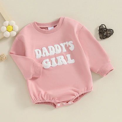 Daddy's Girl Baby Sweatshirt Romper with Letter Embroidery, Cotton-Blend Long Sleeve Crew Neck One-Piece Outfit for Spring and Fall, 3M-18M