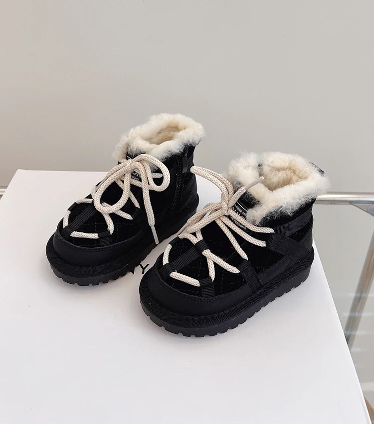 Plush-Lined Toddler Ankle Boots with Lace-Up Front and Side Zipper, Camel or Black Winter Shoes for Boys and Girls, Sizes 18-30