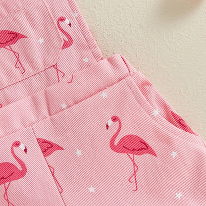 Girls Flamingo Denim Short Overalls in Pink with Adjustable Straps, Bib Pocket and Rolled Hems for Summer Outings, Birthdays and Photos
