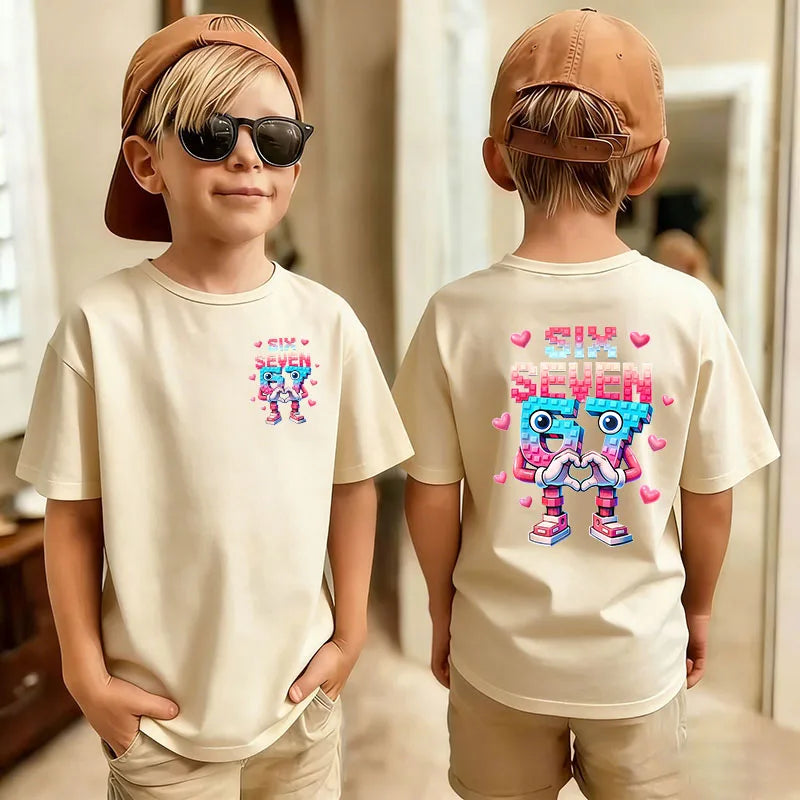 Six Seven Kids T-Shirt with Funny 67 Number Graphic, Short Sleeve Summer Top for Boys and Girls, Casual Playdate Outfits and Birthday Fan Gifts