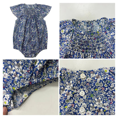 Blue Floral Sibling Outfits with Smocked Girls Dress and Baby Romper Options, Coordinating Boys Knit Tops, Polo and Shorts for Family Photos