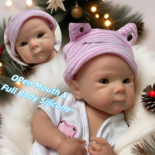 Silicone Reborn Baby Doll with Open Mouth, 13-Inch Bettie Girl with Hand-Painted Details, Two Outfit Sets and Doll Bottle for Collectors