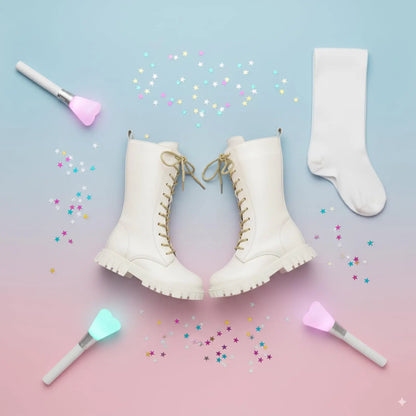 Girls White Lace-Up Boots with Side Zippers and Chunky Lug-Style Soles, Tall PU Fashion Footwear for Little and Big Kids, Sizes 27–37