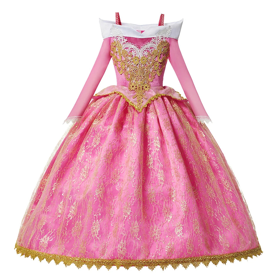 Pink Princess Costume Dress for Girls with Gold-Tone Detailing and Long Sleeves, Aurora-Inspired Party Dress-Up with Selectable Bundle Options