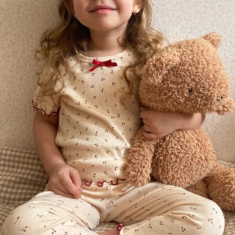 Cherry Print Girls Cotton Pajama Set, Cream Long Sleeve Top and Matching Pants with Red Picot Trim, Two-Piece Toddler Homewear, 1-6T