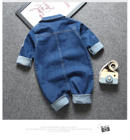 Collared Baby Denim Romper by IENENS with Chest Pockets and Snap Fastenings, Blue Long Sleeve One-Piece Outfit for Boys and Girls in 0-18M Sizes