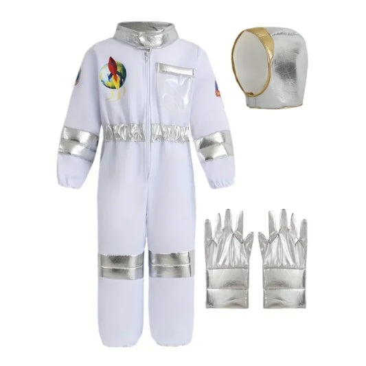 Astronaut Costume for Kids with White Space Suit Jumpsuit, Silver Trim and Hat, Optional Gloves for Halloween and Space-Themed Dress-Up