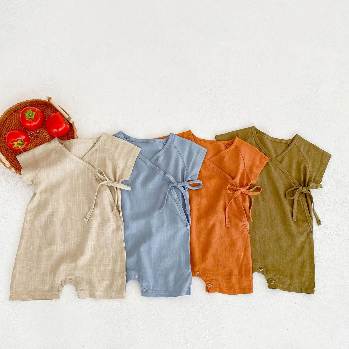 Baby Wrap Romper in Linen Cotton with Short Sleeves and Side Ties, V-Neck Summer One-Piece Outfit for Boys and Girls in Four Color Options