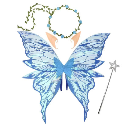 Fairy Wings Costume Set with Organza Butterfly Wings, Elf Ears, Floral Wreath and Star Wand for Halloween, Fantasy Parties and Dress-Up