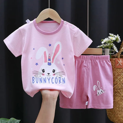 Baby Girls Animal Print Shorts Set with Short Sleeve Tee and Elastic Waist Bottoms, Giraffe, Bunnycorn or Panda Summer Outfit, 6M-4T