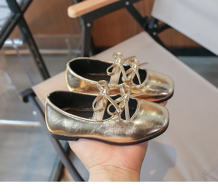 Girls Square-Toe Double-Bow Dress Flats with Cross-Strap Detail in Silver, Black or Gold for Party Outfits, Family Celebrations and Special Occasions