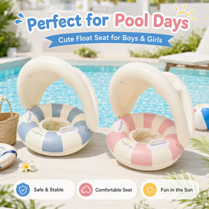 Inflatable Baby Pool Float Seat with Detachable Canopy and Easy-Grip Handles, Retro Striped Swim Ring for Supervised Summer Water Play