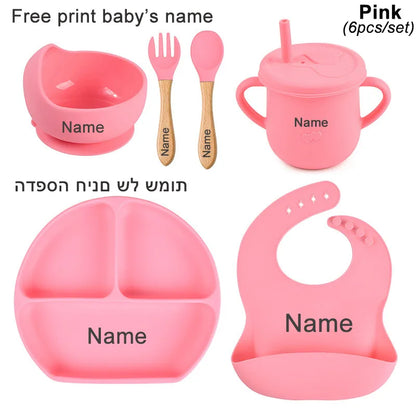 Personalized Baby Feeding Set with Silicone Suction Plate, Bowl, Spoon and Fork, 4-Piece or 6-Piece Tableware Options for Supervised Mealtimes
