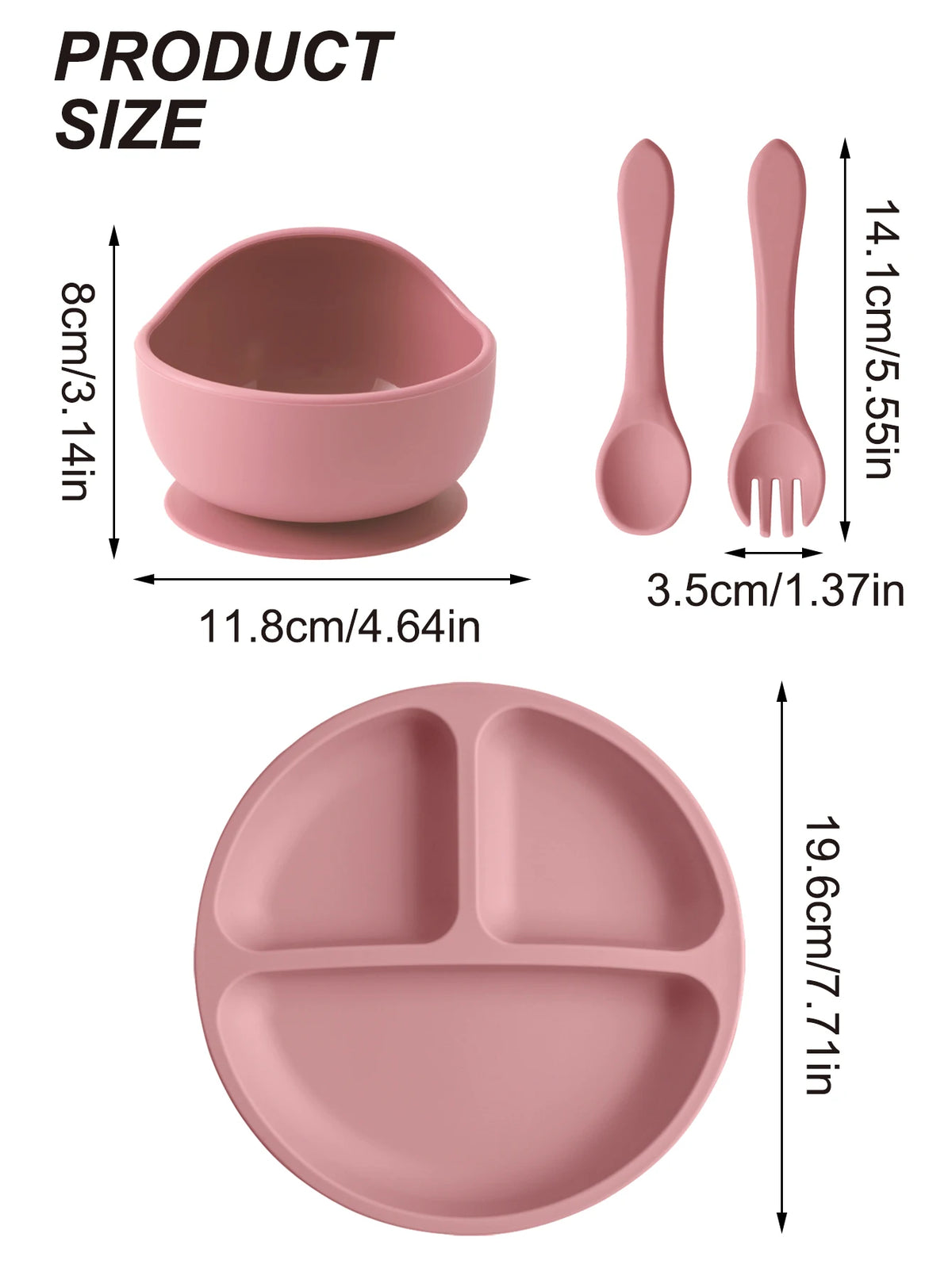 Four-Piece Silicone Baby Feeding Set with Three-Section Suction Plate, Bowl, Spoon and Fork for Supervised Toddler Meals in Ten Color Options