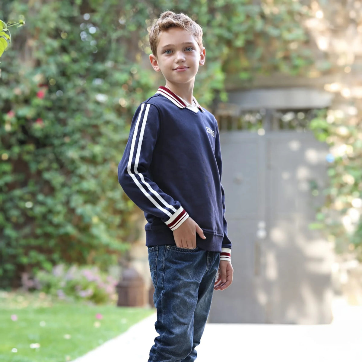 Navy Collared Kids Matching Outfits with Striped Trim, Boys Sweatshirt, Girls Dress and Skirt Set Options for Sibling Photos and Fall