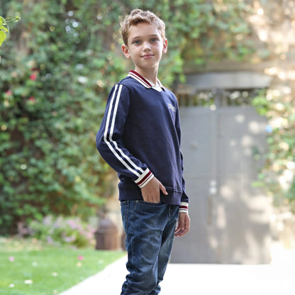 Navy Collared Kids Matching Outfits with Striped Trim, Boys Sweatshirt, Girls Dress and Skirt Set Options for Sibling Photos and Fall