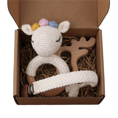 Crochet Animal Rattle Set with Wooden Ring and Coordinating Accessories, Rabbit, Deer and More Designs for Supervised Play and Baby Shower Gifts