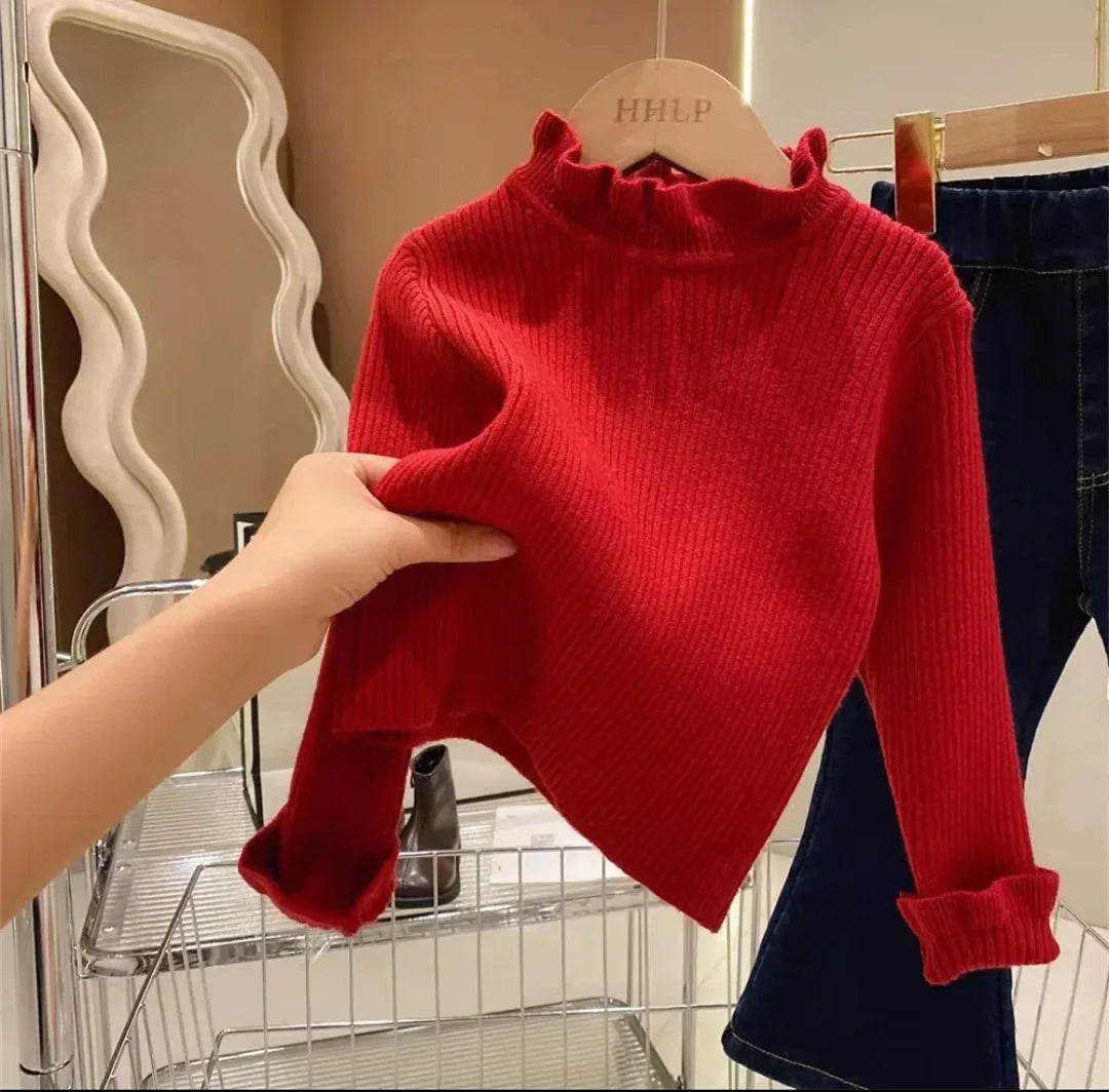 Toddler Lettuce Edge Sweater, Ribbed Knit Mock Neck Pullover with Long Sleeves for Boys and Girls, Six Solid Colors, Sizes 12-18M to 6-7Y