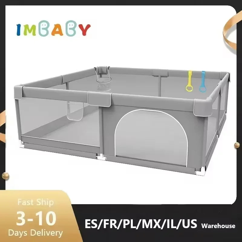 Baby Playpen with Pull Rings by IMBABY, Light Gray Mesh Activity Fence with Zippered Door and Multiple Size Options for Supervised Play