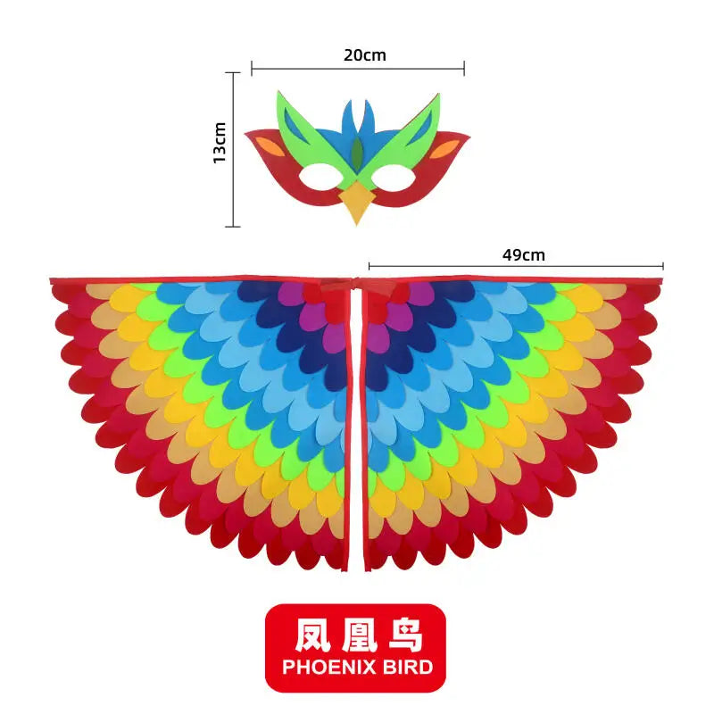Kids Bird Wings and Mask Costume Set with Layered Felt Feather Cape, Colorful Animal Dress-Up for Halloween, Birthday Parties and Stage Performances