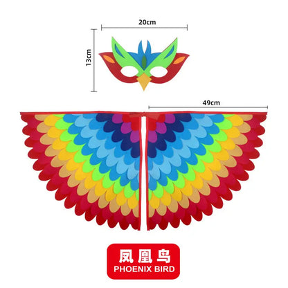Kids Bird Wings and Mask Costume Set with Layered Felt Feather Cape, Colorful Animal Dress-Up for Halloween, Birthday Parties and Stage Performances