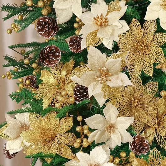 Glitter Christmas Tree Flowers, Artificial Floral Ornaments in 4, 8 or 16 Pieces for Holiday Home Decor, Wedding Displays and New Year Parties