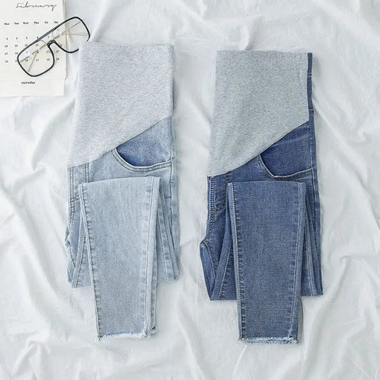 Maternity Denim Jeans with Over-Belly Panel, Blue Pregnancy Pants with Frayed Hem Styling, M-2XL Options for Everyday Casual Outfits