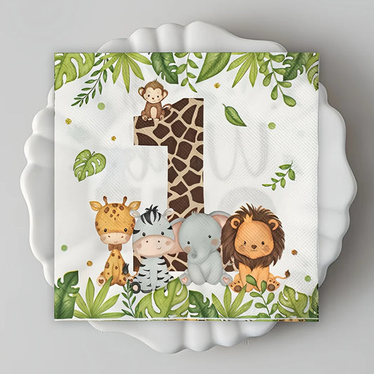 Jungle Animal First Birthday Napkins with Number 1, Safari Paper Table Napkins in 20, 60, 80 or 100-Piece Options for Kids Party Tables