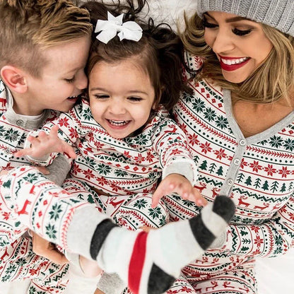 Matching Christmas Pajamas for Family, Festive Allover Print Mom Dad Kids Two-Piece Outfits and Baby Romper for Holiday Photos