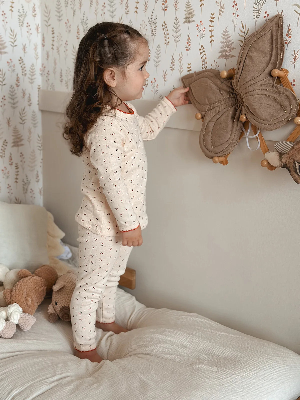 Cherry Print Girls Cotton Pajama Set, Cream Long Sleeve Top and Matching Pants with Red Picot Trim, Two-Piece Toddler Homewear, 1-6T