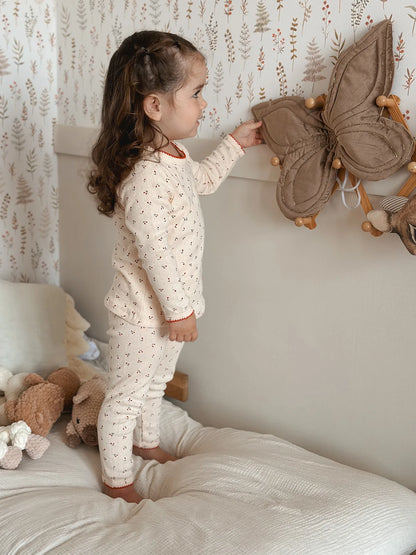 Cherry Print Girls Cotton Pajama Set, Cream Long Sleeve Top and Matching Pants with Red Picot Trim, Two-Piece Toddler Homewear, 1-6T